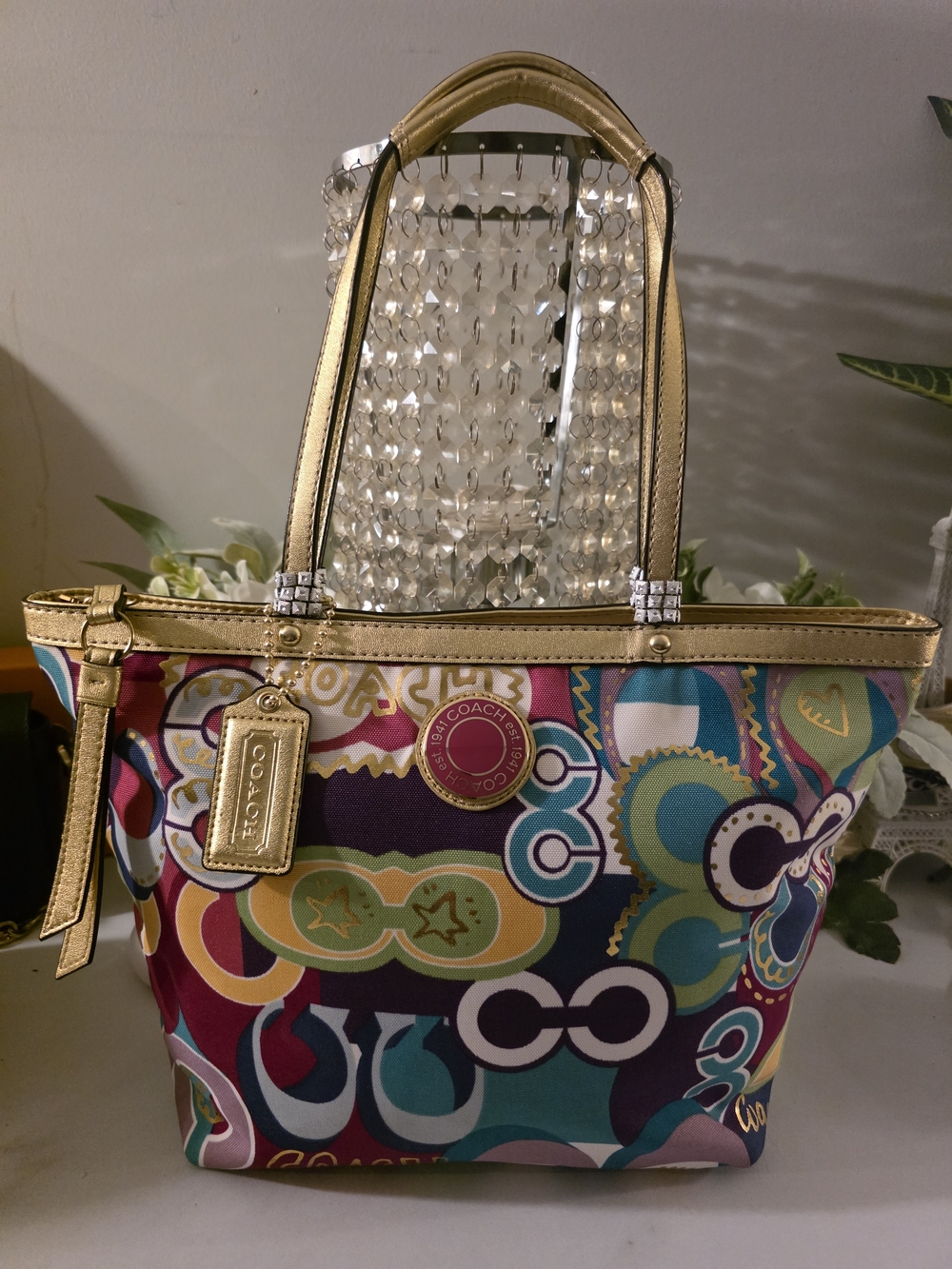 Coach Gold-Trim Multicolor Signature Print Tote